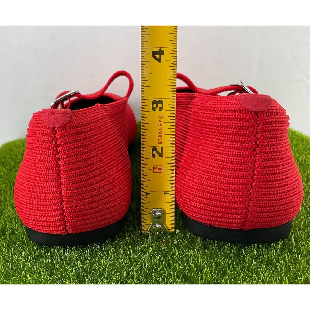 Red Mary Jane Style Knit Flats With Adjustable Buckle Strap - Picture 5 of 9